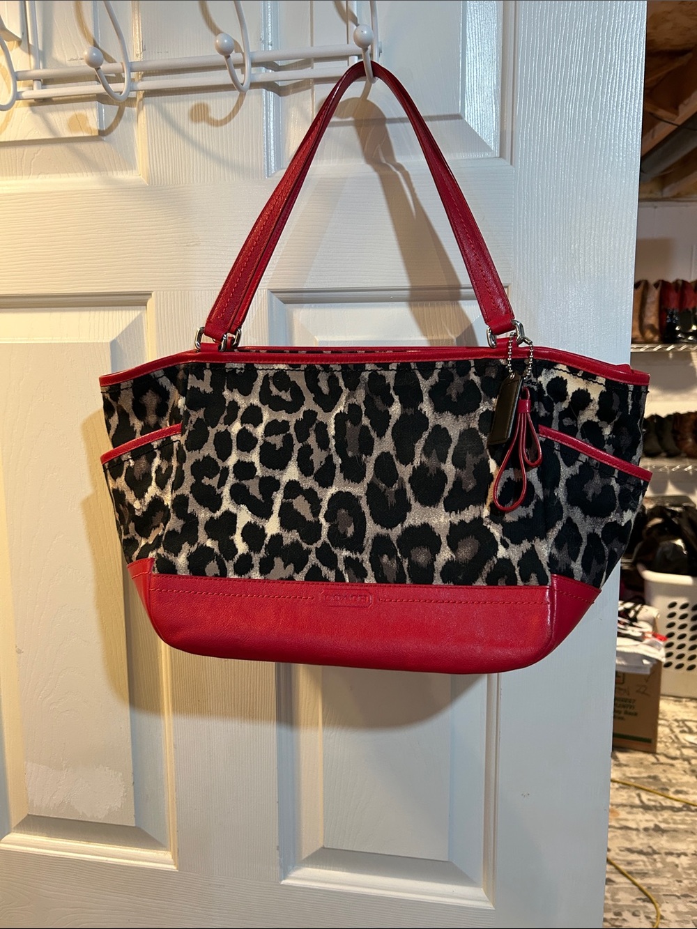 Coach Leopard Print Shoulder Bag with Red Trim